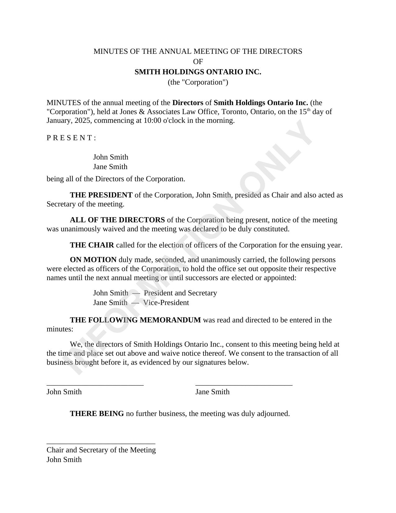 Sample — Minutes of Annual Meeting of Directors