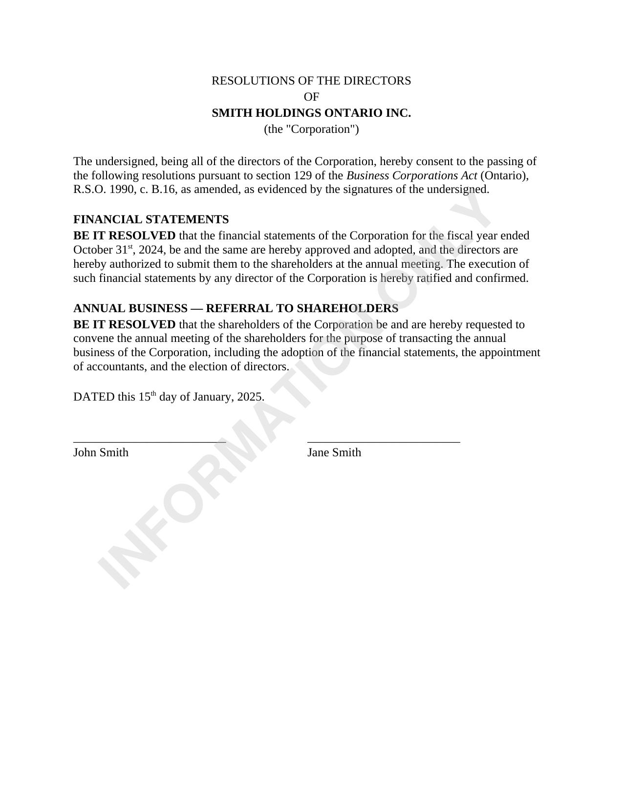 Sample — Directors' Financial Resolutions