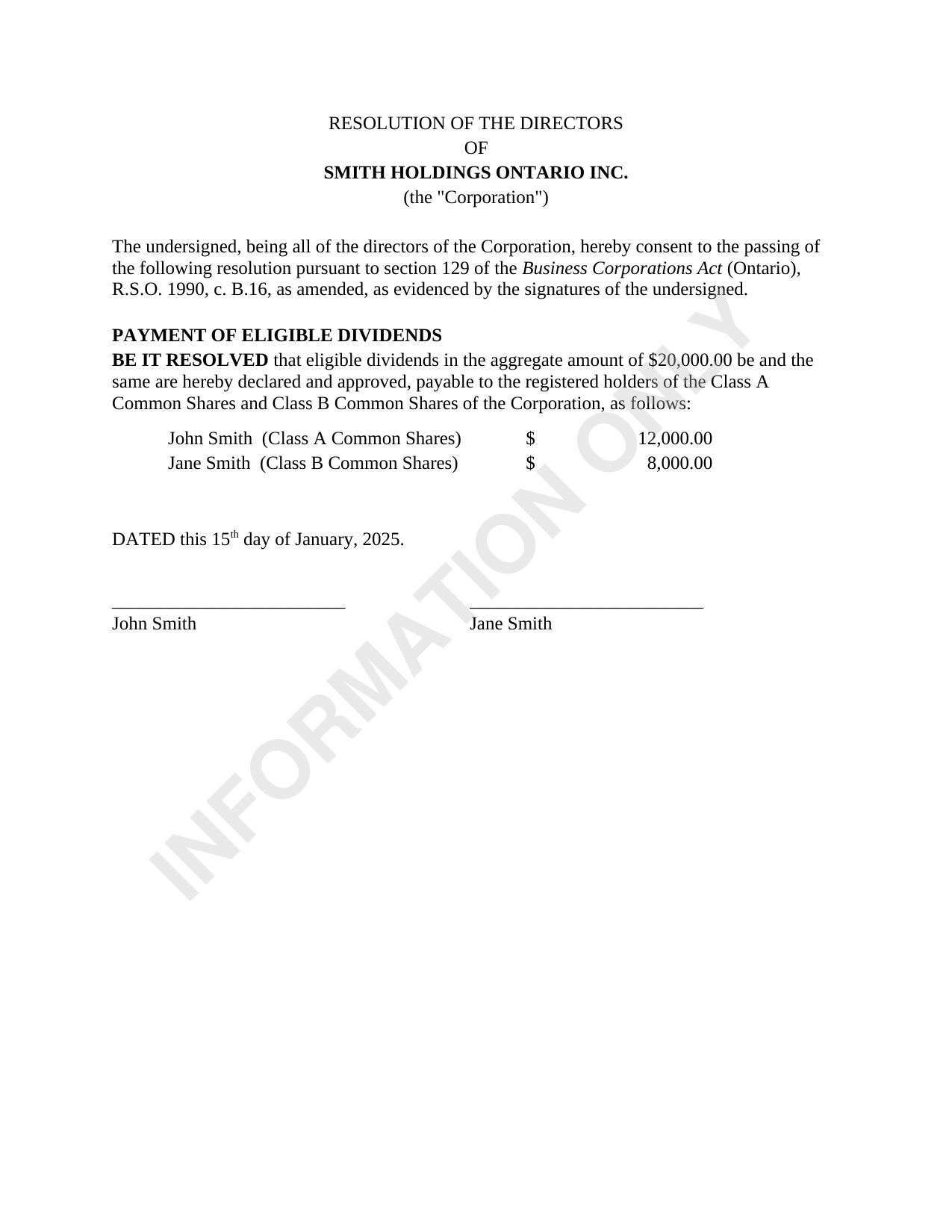 Sample — Dividends Resolution (Eligible)